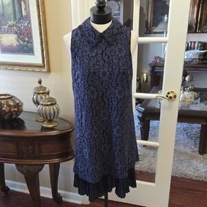 Nanette Lepore Navy Blue Lace Midi Dress Sleeveless Collar Lined Pleated Hem 12